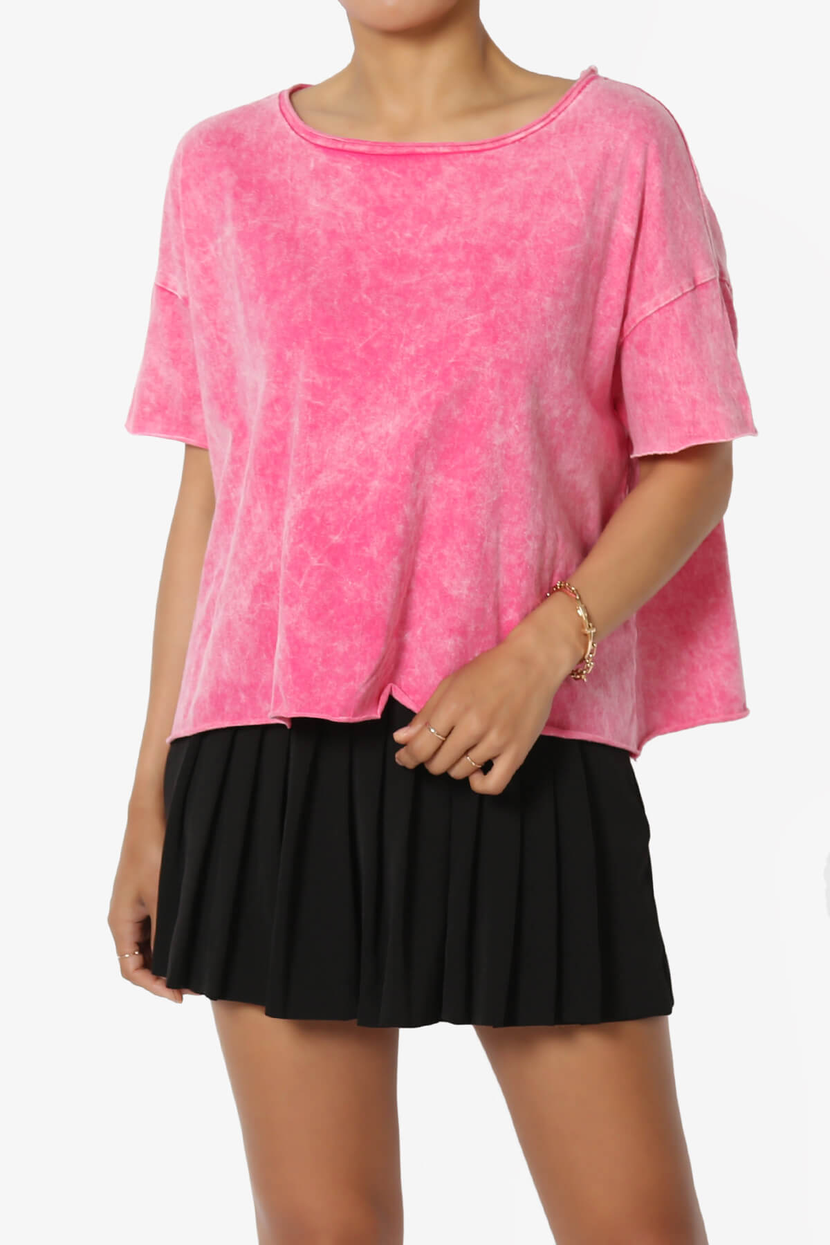 Kiralin Acid Wash Short Sleeve Crop T-Shirt HOT PINK_1