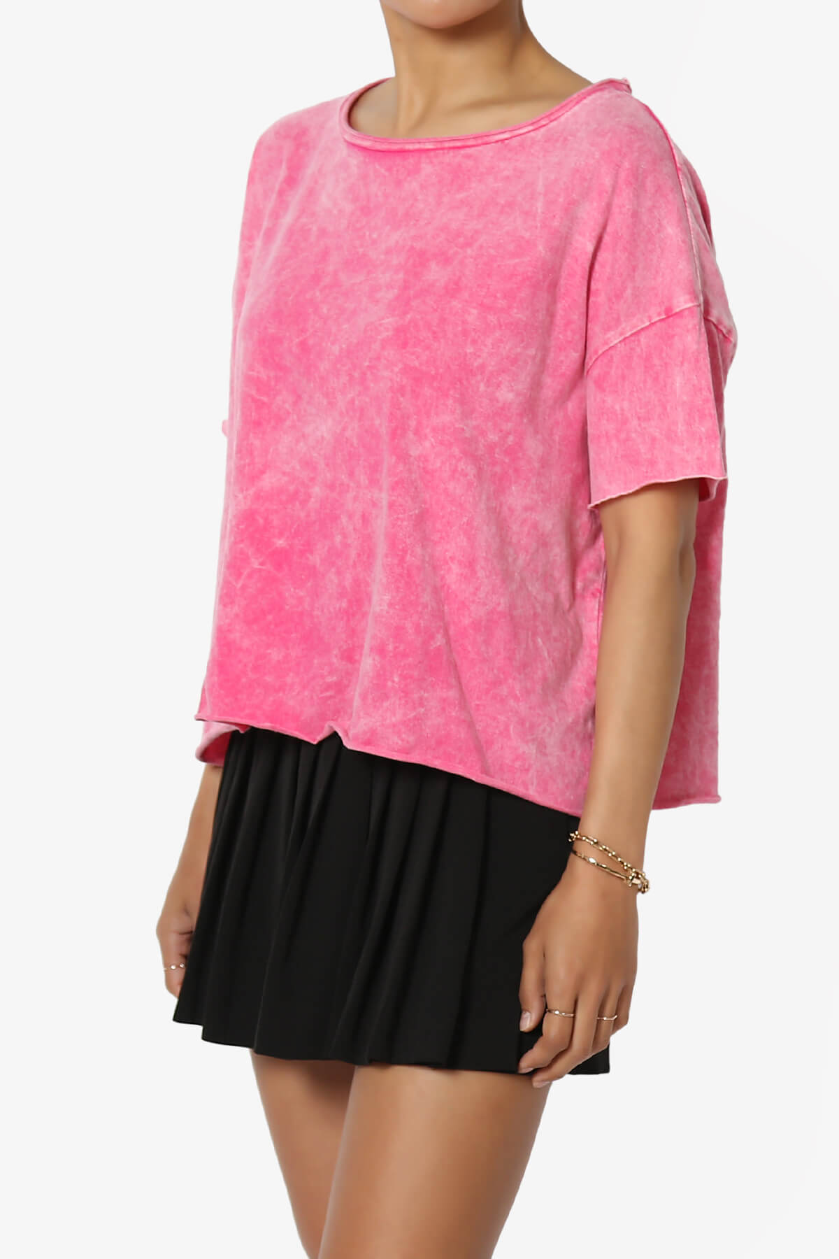 Kiralin Acid Wash Short Sleeve Crop T-Shirt HOT PINK_3