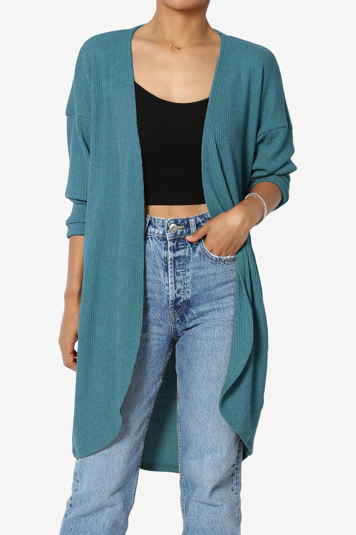 Lexa Ribbed Knit Open Front Cardigan TEAL_1