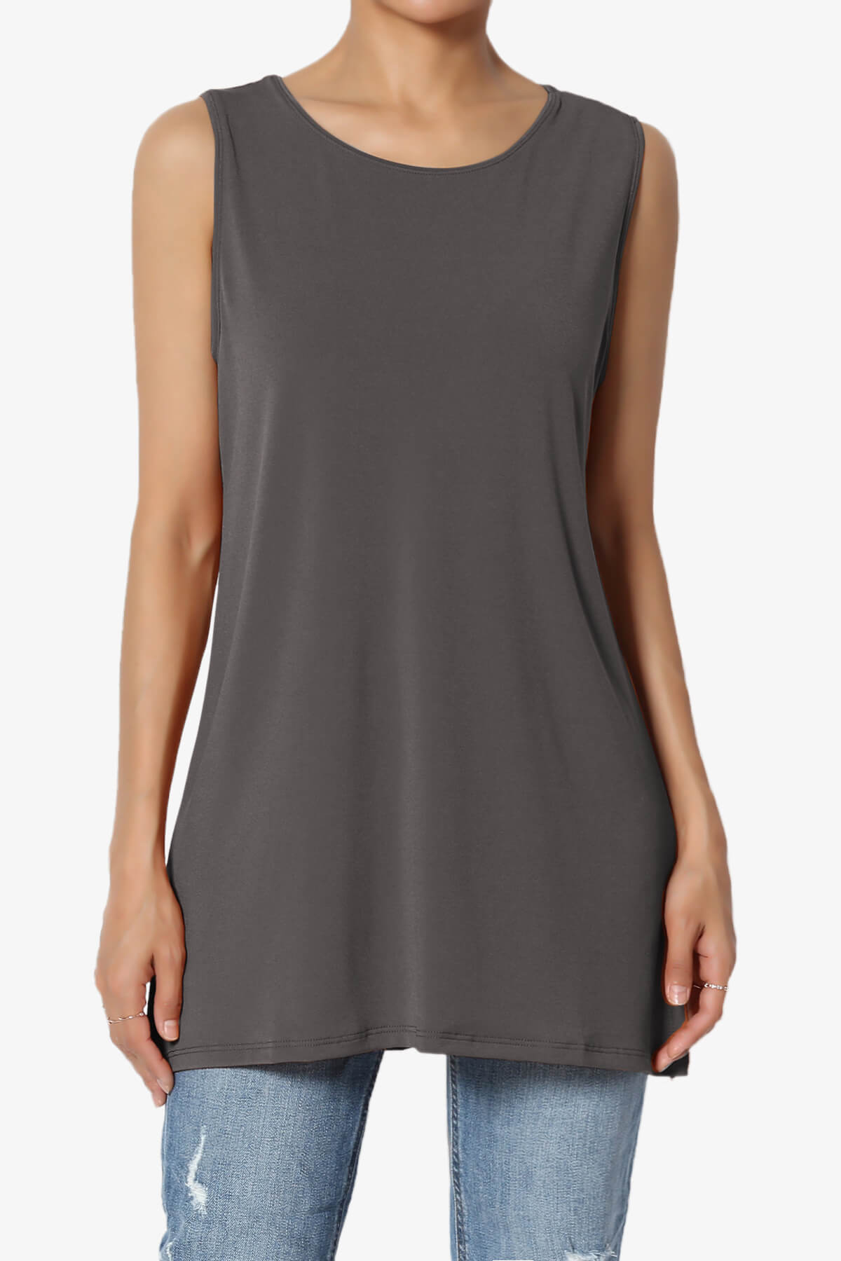 Load image into Gallery viewer, Lilly Sleeveless Side Slit Fluid Knit Tank Top ASH GREY_1
