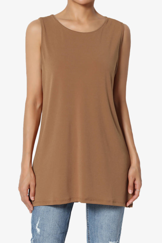 Load image into Gallery viewer, Lilly Sleeveless Side Slit Fluid Knit Tank Top DEEP CAMEL_1
