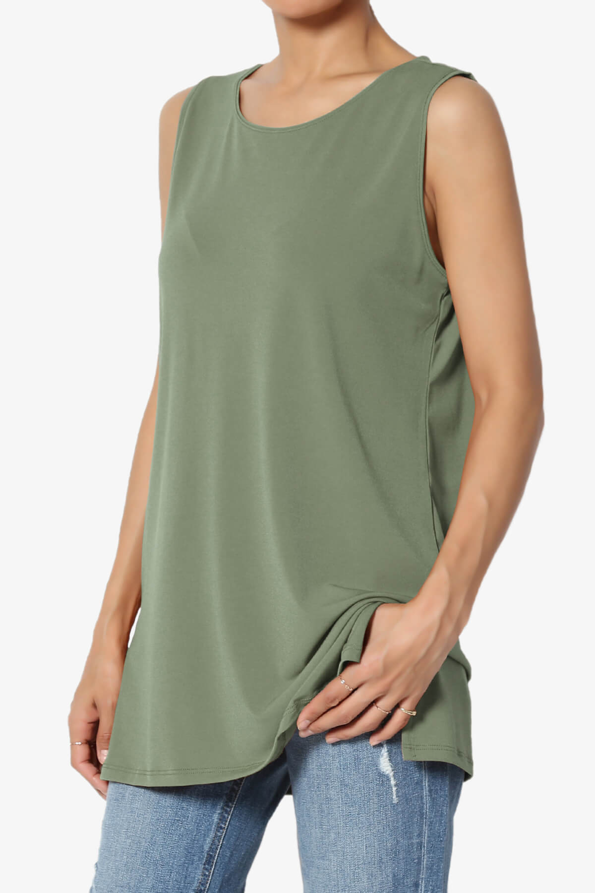 Load image into Gallery viewer, Lilly Sleeveless Side Slit Fluid Knit Tank Top DUSTY OLIVE_3
