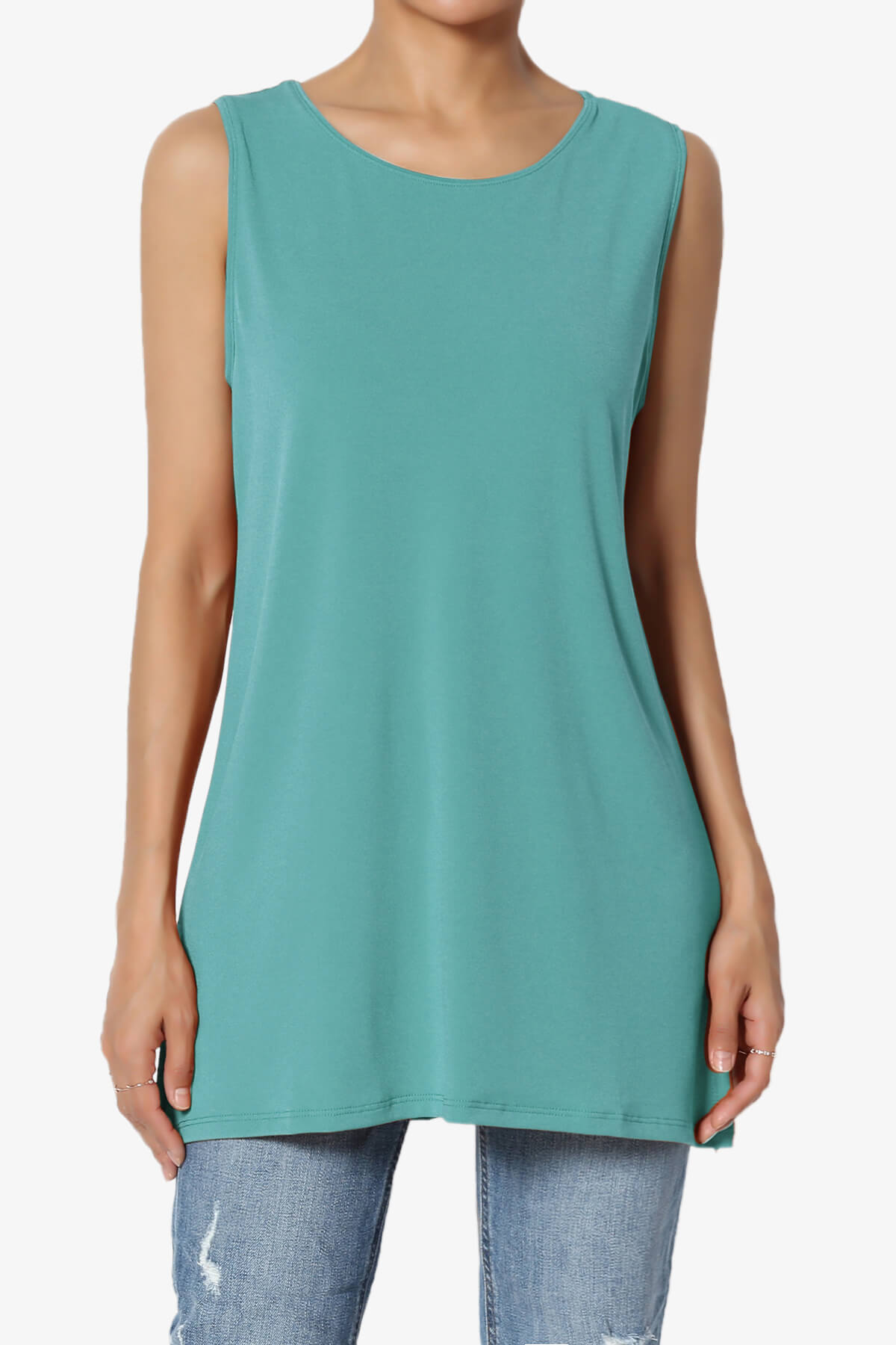 Load image into Gallery viewer, Lilly Sleeveless Side Slit Fluid Knit Tank Top DUSTY TEAL_1

