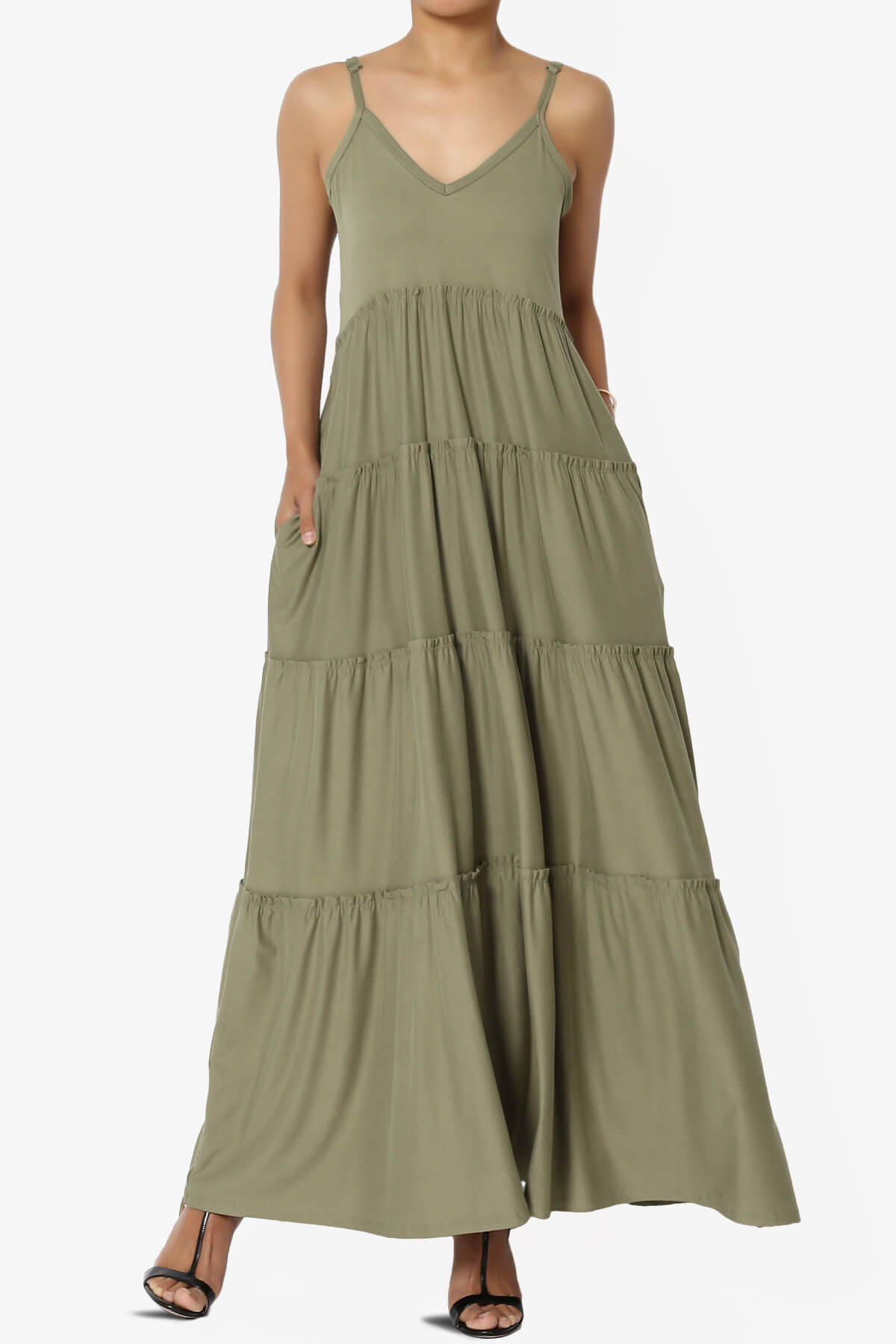 Load image into Gallery viewer, Livvy V-Neck Tiered Cami Maxi Dress KHAKI GREEN_1
