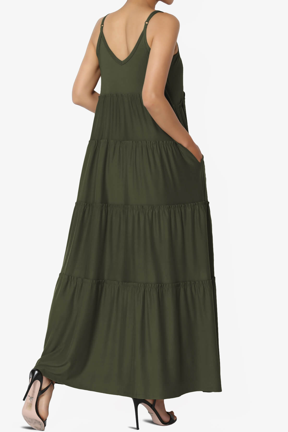 Load image into Gallery viewer, Livvy V-Neck Tiered Cami Maxi Dress OLIVE_4
