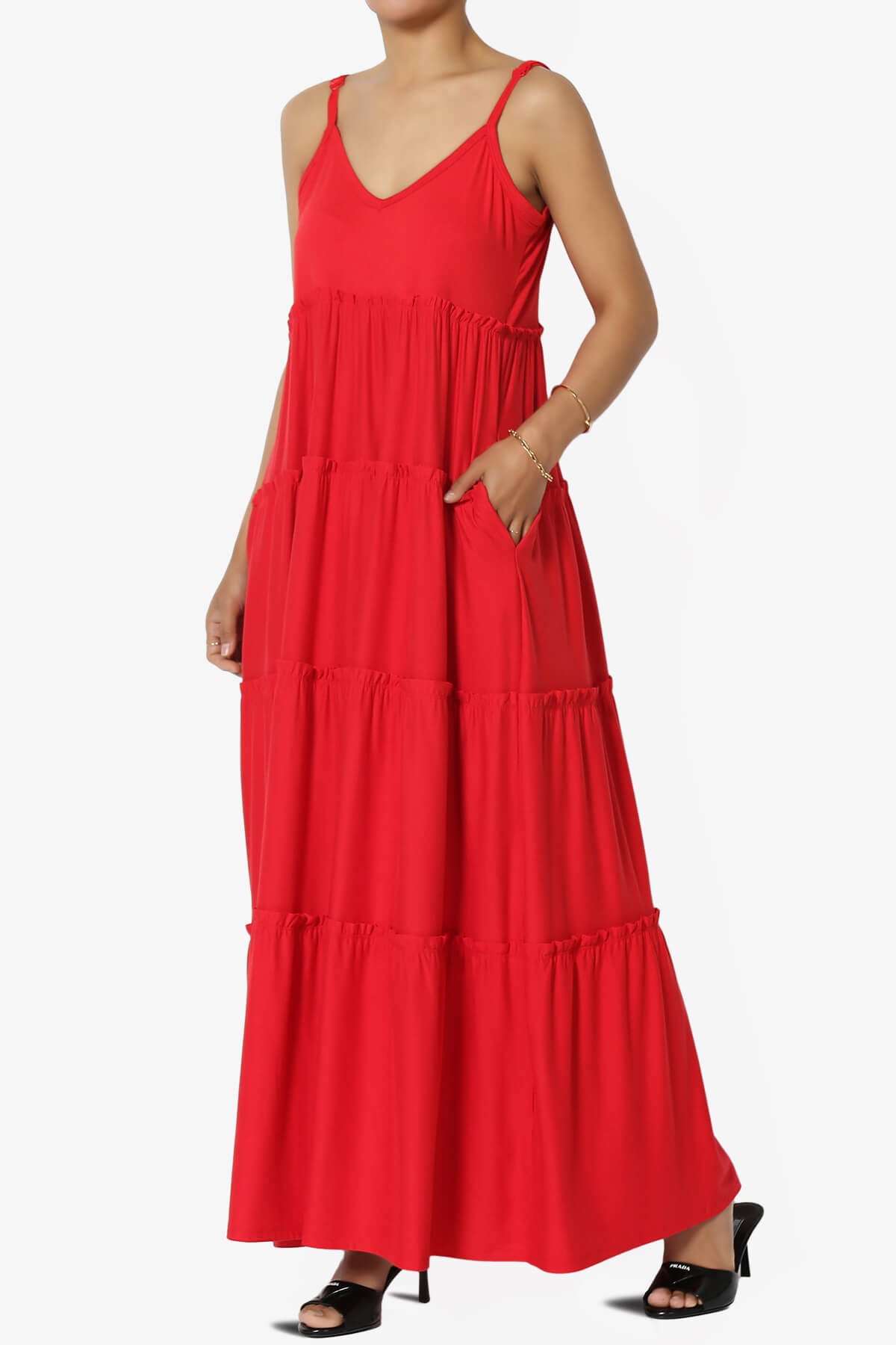 Load image into Gallery viewer, Livvy V-Neck Tiered Cami Maxi Dress RED_3
