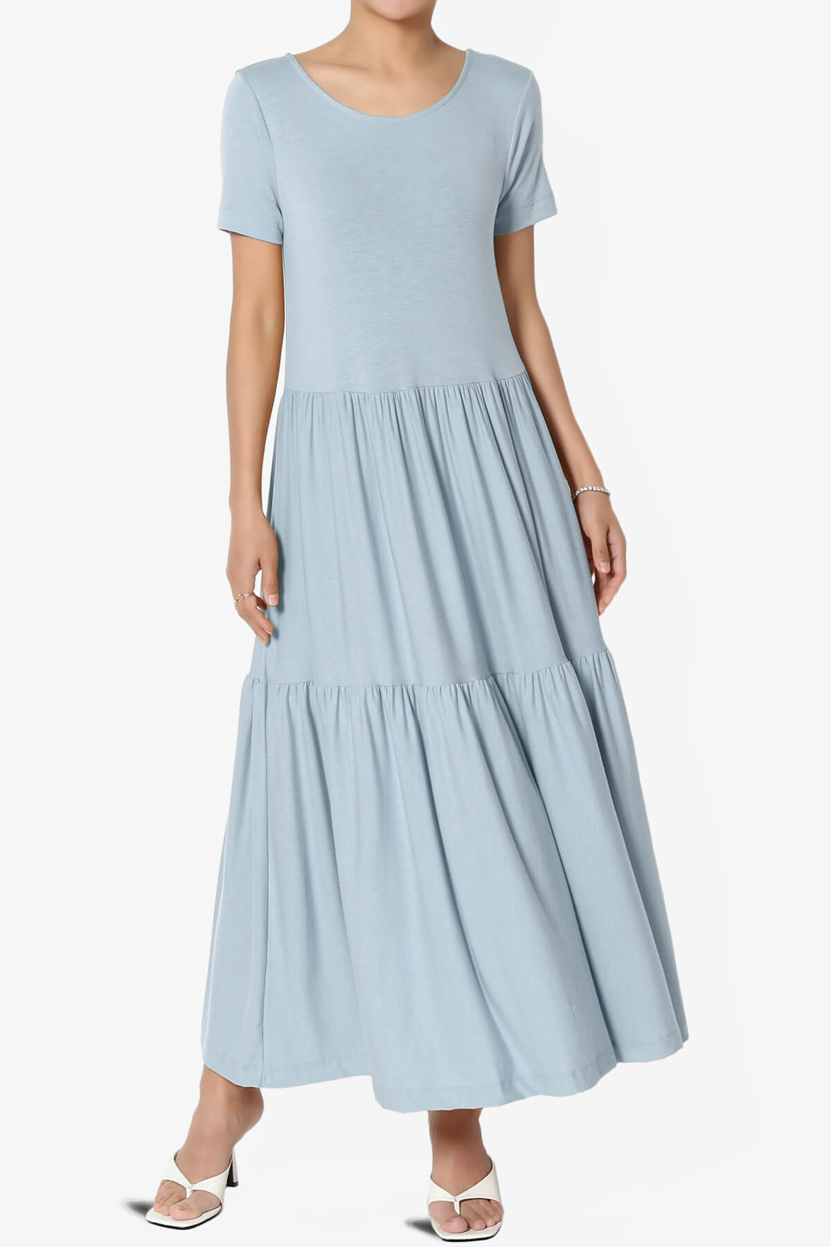 Macie Short Sleeve Tiered Jersey Long Midi Dress ASH BLUE_1