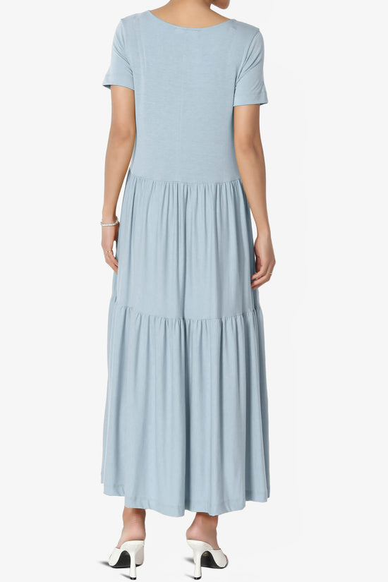 Macie Short Sleeve Tiered Jersey Long Midi Dress ASH BLUE_2