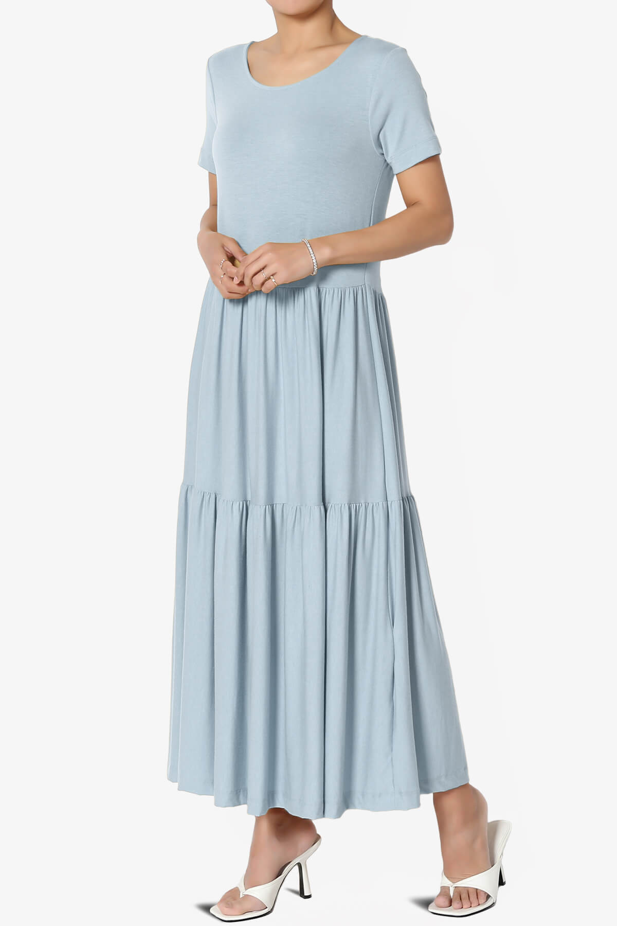 Macie Short Sleeve Tiered Jersey Long Midi Dress ASH BLUE_3