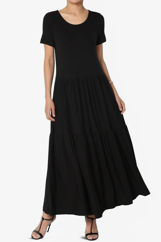 Macie Short Sleeve Tiered Jersey Long Midi Dress BLACK_1
