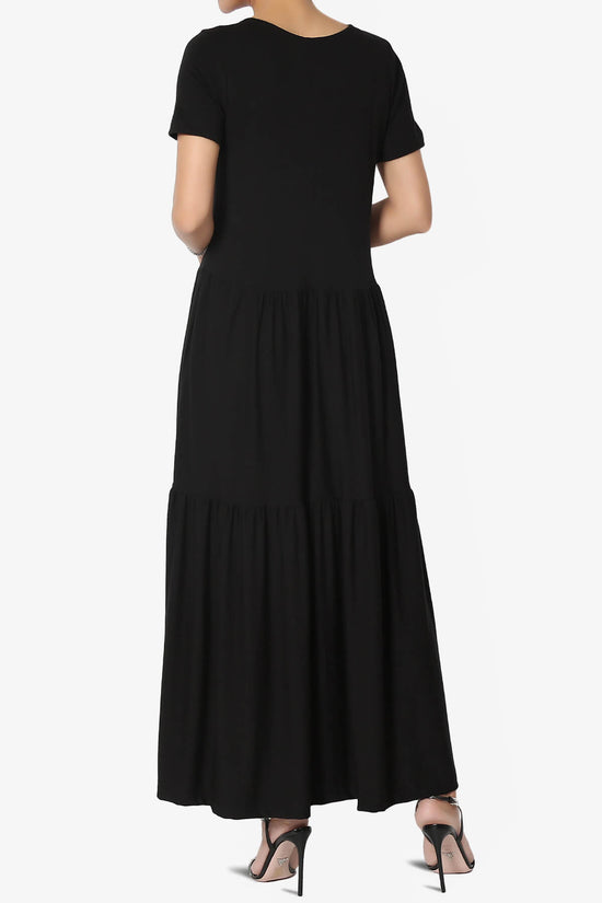 Macie Short Sleeve Tiered Jersey Long Midi Dress BLACK_2