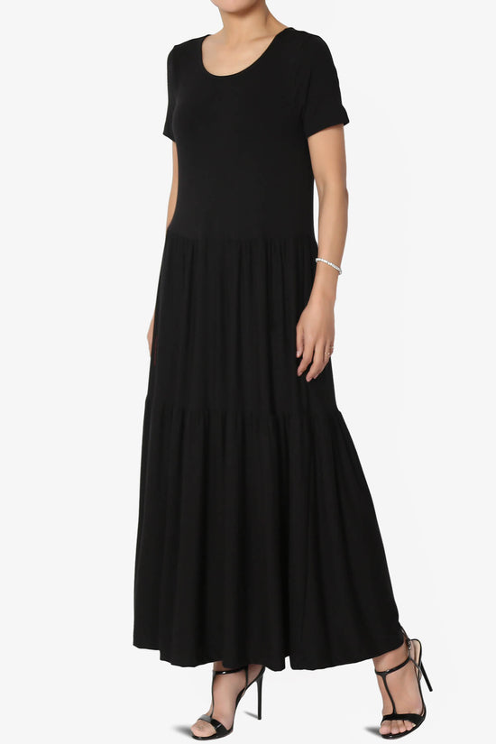 Macie Short Sleeve Tiered Jersey Long Midi Dress BLACK_3