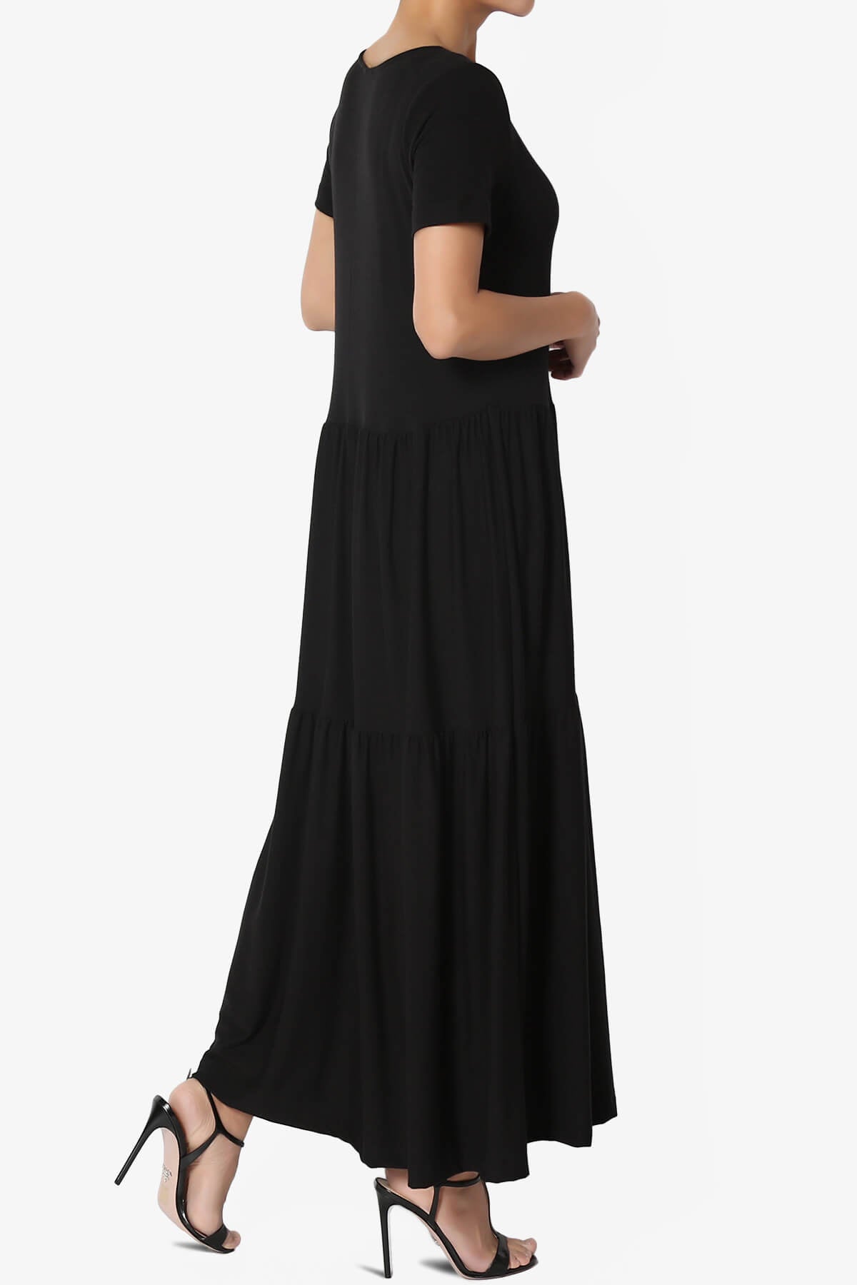 Macie Short Sleeve Tiered Jersey Long Midi Dress BLACK_4