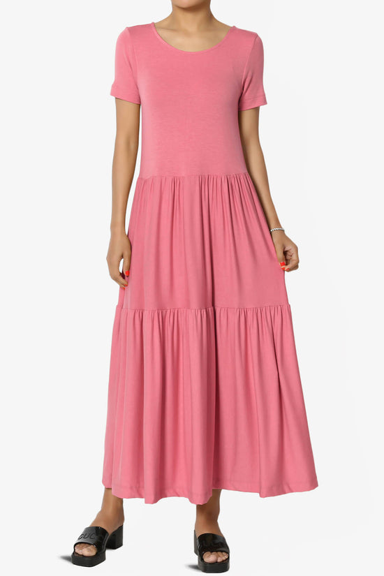 Load image into Gallery viewer, Macie Short Sleeve Tiered Jersey Long Midi Dress DESERT ROSE_1
