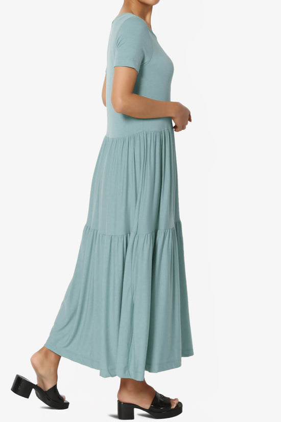 Macie Short Sleeve Tiered Jersey Long Midi Dress DUSTY BLUE_4