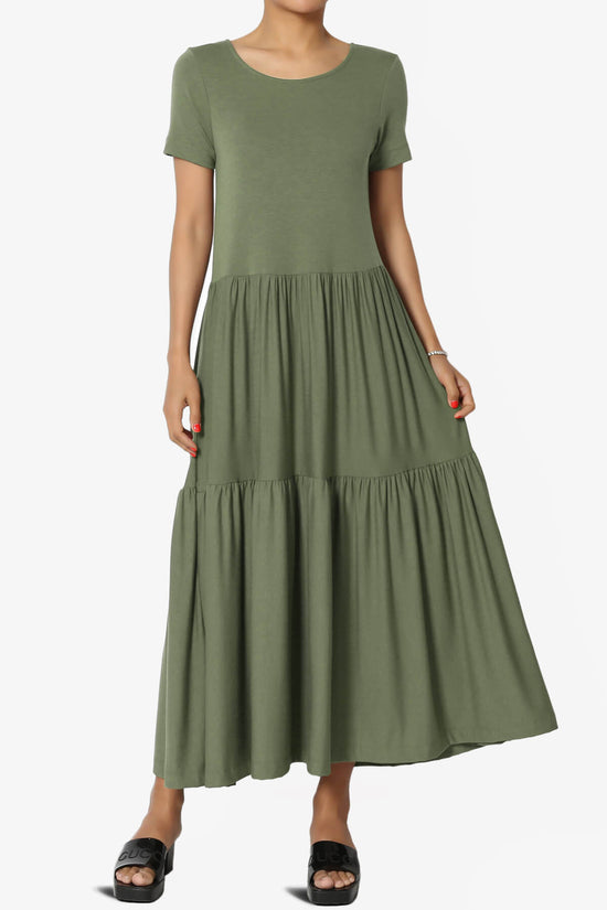 Load image into Gallery viewer, Macie Short Sleeve Tiered Jersey Long Midi Dress DUSTY OLIVE_1
