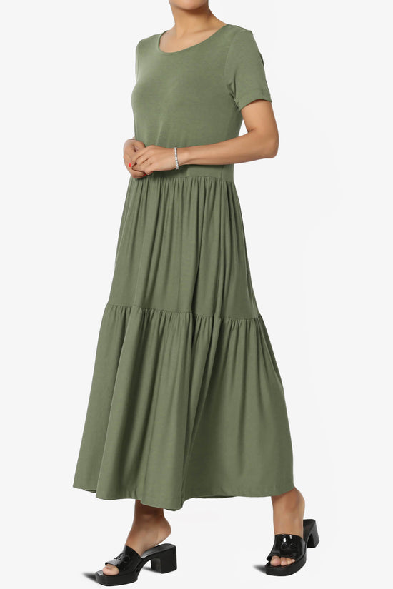 Load image into Gallery viewer, Macie Short Sleeve Tiered Jersey Long Midi Dress DUSTY OLIVE_3
