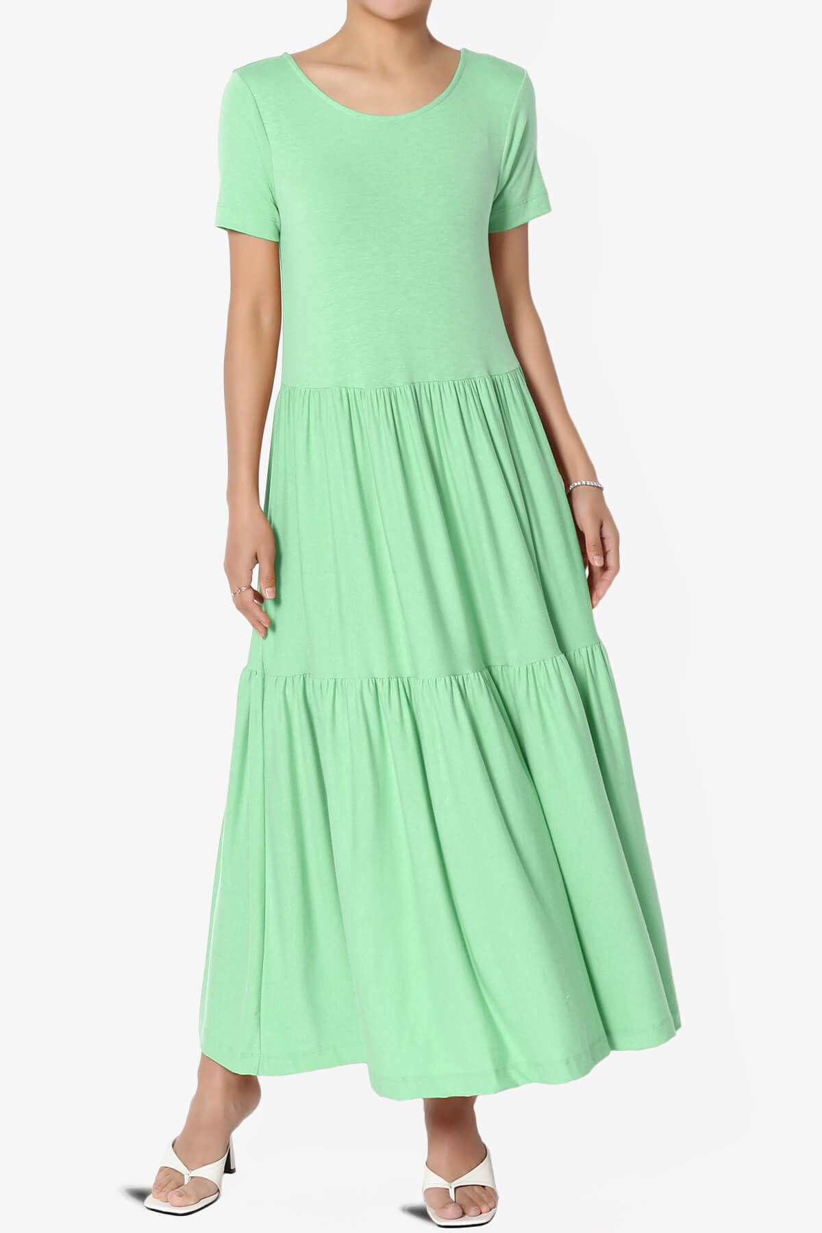Load image into Gallery viewer, Macie Short Sleeve Tiered Jersey Long Midi Dress GREEN MINT_1
