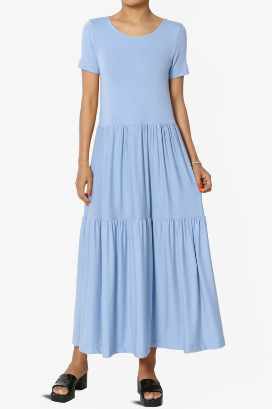 Macie Short Sleeve Tiered Jersey Long Midi Dress LIGHT BLUE_1