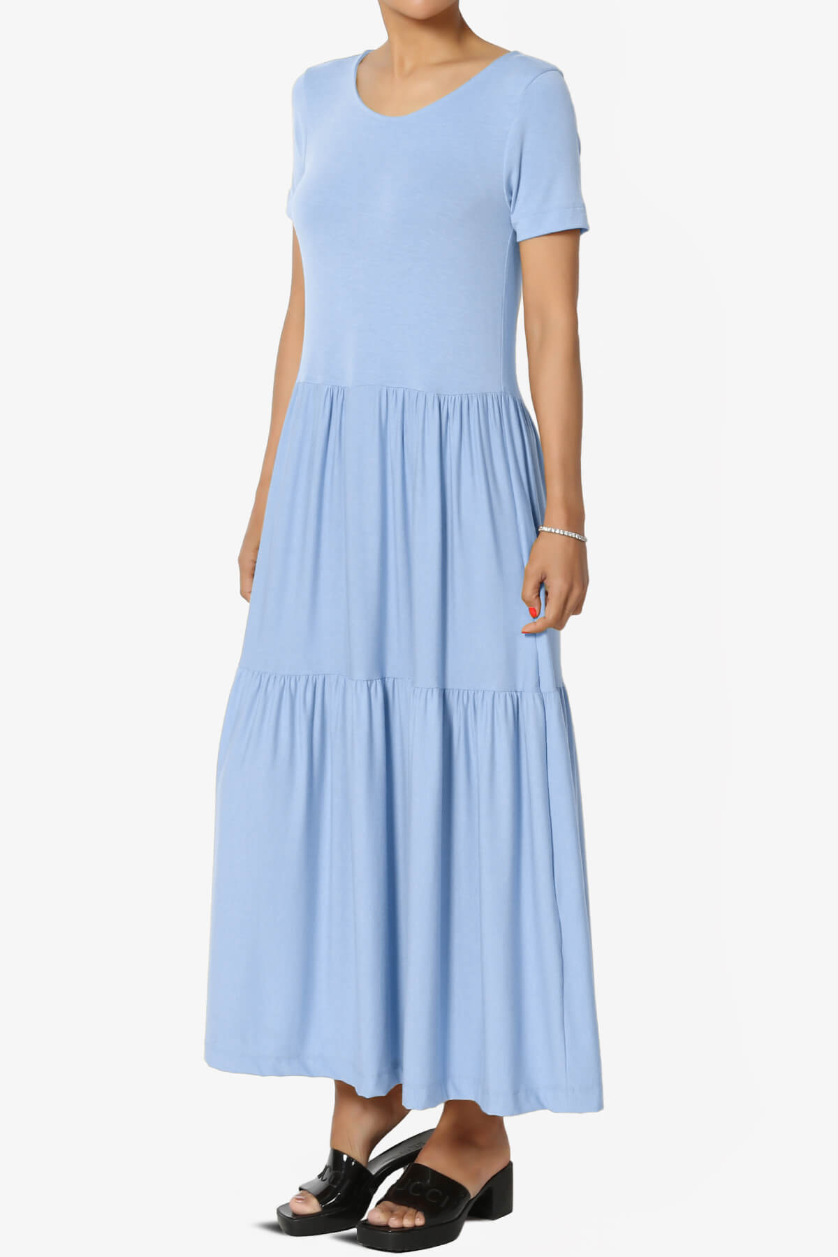 Load image into Gallery viewer, Macie Short Sleeve Tiered Jersey Long Midi Dress LIGHT BLUE_3
