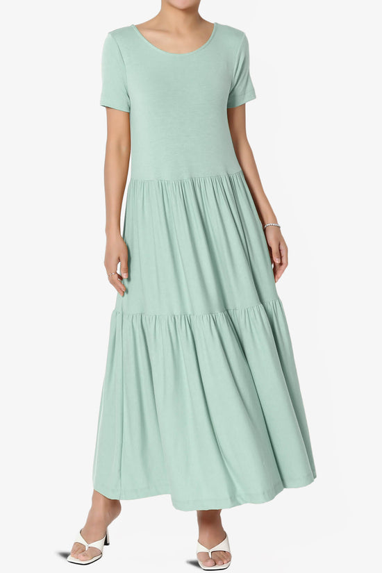Load image into Gallery viewer, Macie Short Sleeve Tiered Jersey Long Midi Dress LIGHT GREEN_1
