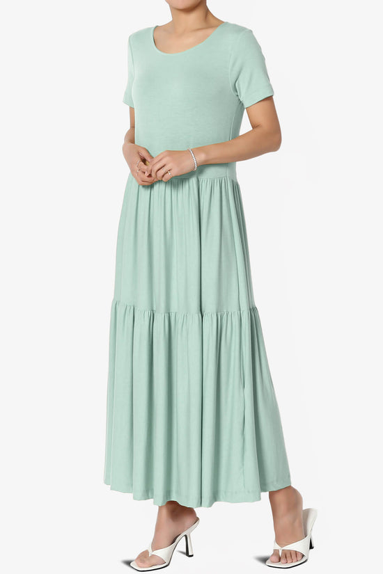 Macie Short Sleeve Tiered Jersey Long Midi Dress LIGHT GREEN_3