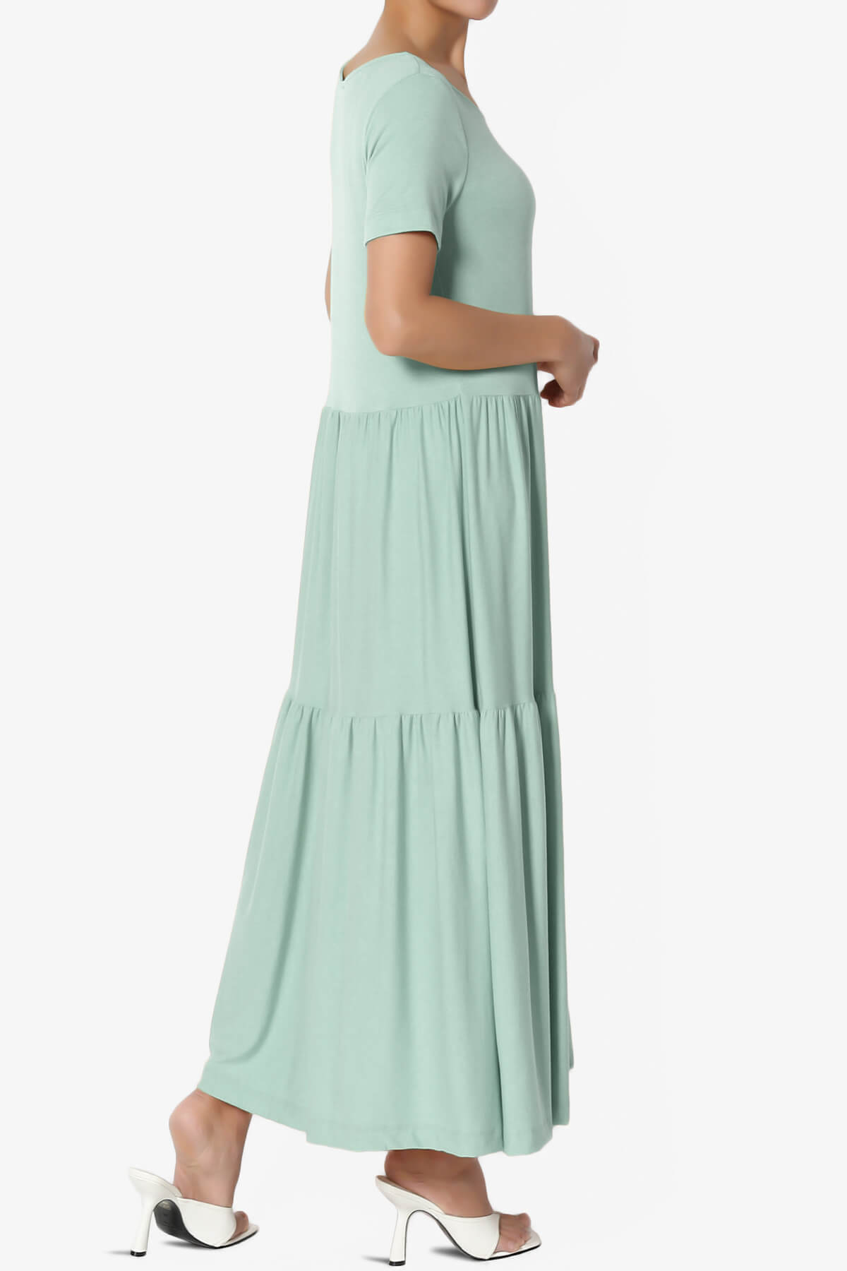 Macie Short Sleeve Tiered Jersey Long Midi Dress LIGHT GREEN_4