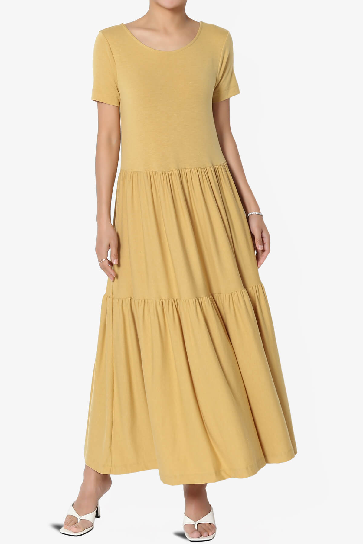 Load image into Gallery viewer, Macie Short Sleeve Tiered Jersey Long Midi Dress LIGHT MUSTARD_1
