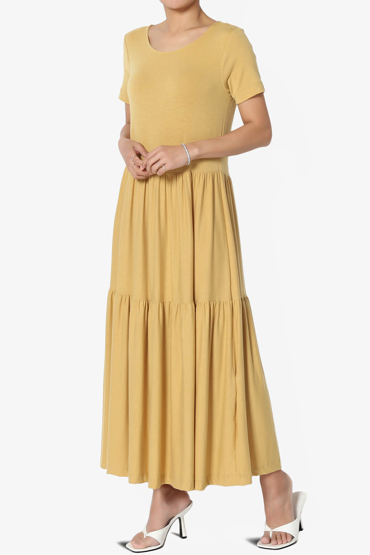 Load image into Gallery viewer, Macie Short Sleeve Tiered Jersey Long Midi Dress LIGHT MUSTARD_3

