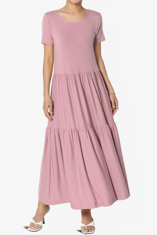 Macie Short Sleeve Tiered Jersey Long Midi Dress LIGHT ROSE_1