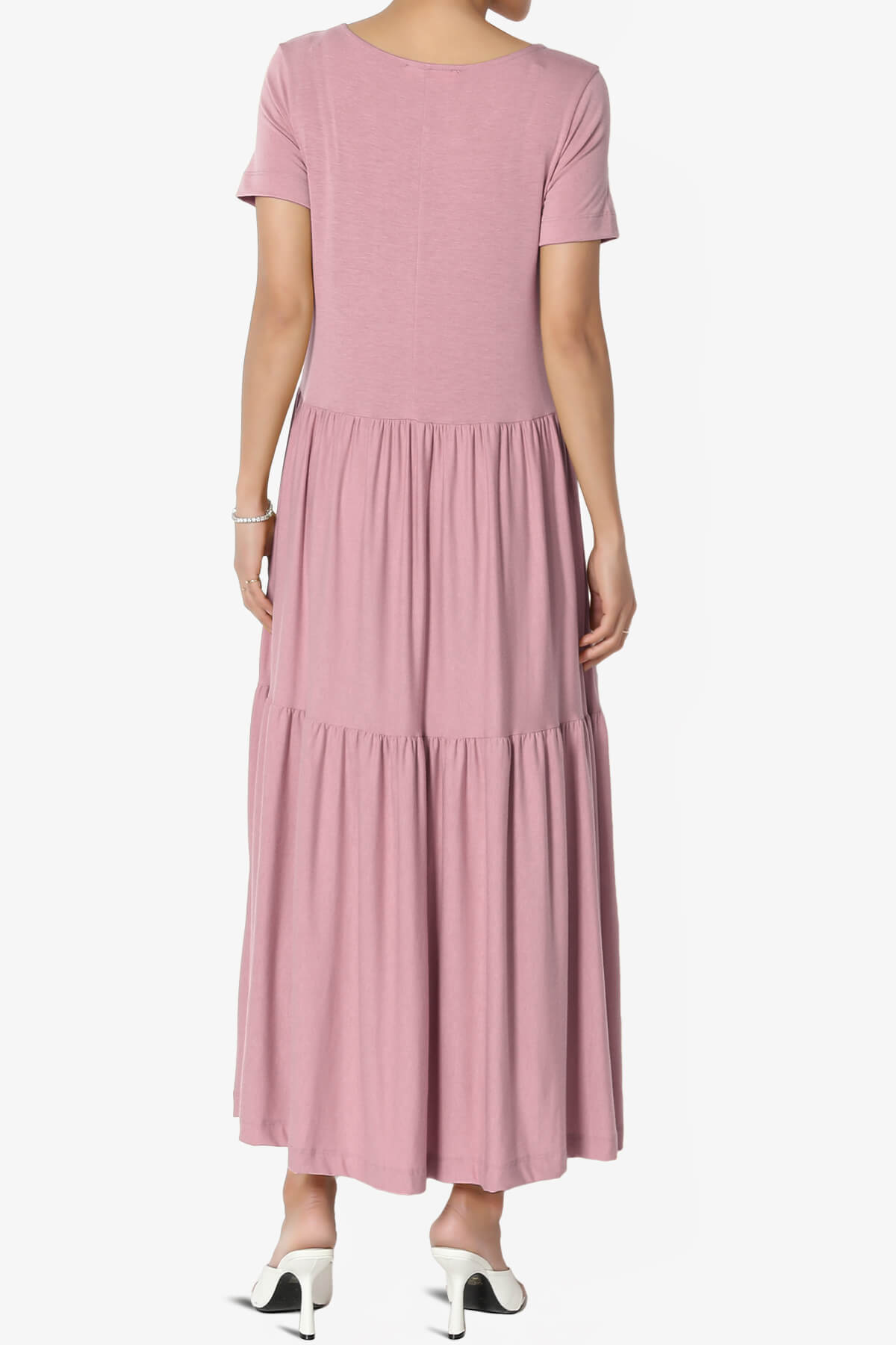 Macie Short Sleeve Tiered Jersey Long Midi Dress LIGHT ROSE_2