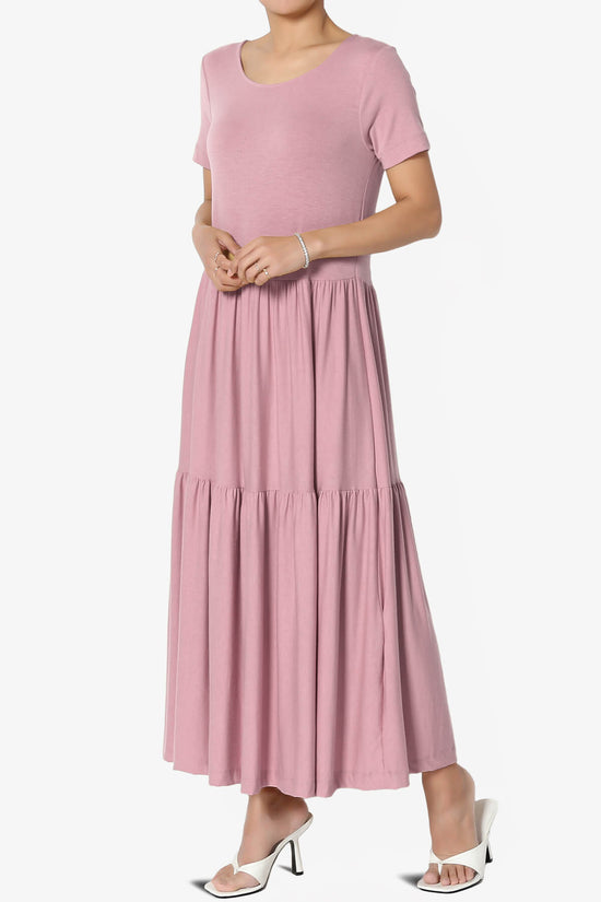 Macie Short Sleeve Tiered Jersey Long Midi Dress LIGHT ROSE_3