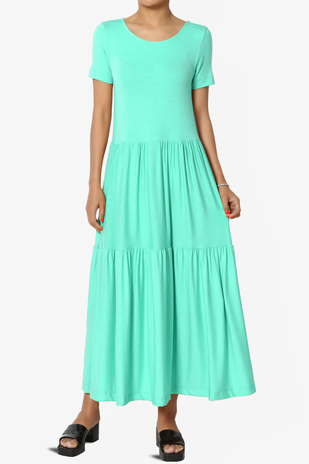 Load image into Gallery viewer, Macie Short Sleeve Tiered Jersey Long Midi Dress MINT_1
