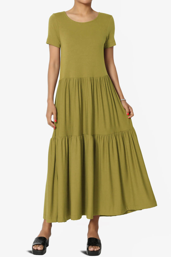 Load image into Gallery viewer, Macie Short Sleeve Tiered Jersey Long Midi Dress OLIVE MUSTARD_1
