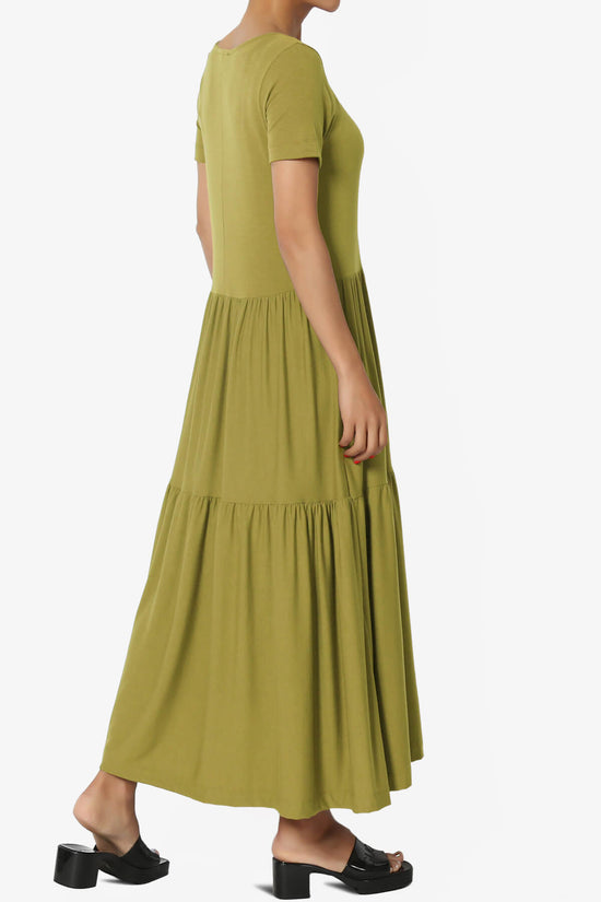 Load image into Gallery viewer, Macie Short Sleeve Tiered Jersey Long Midi Dress OLIVE MUSTARD_4
