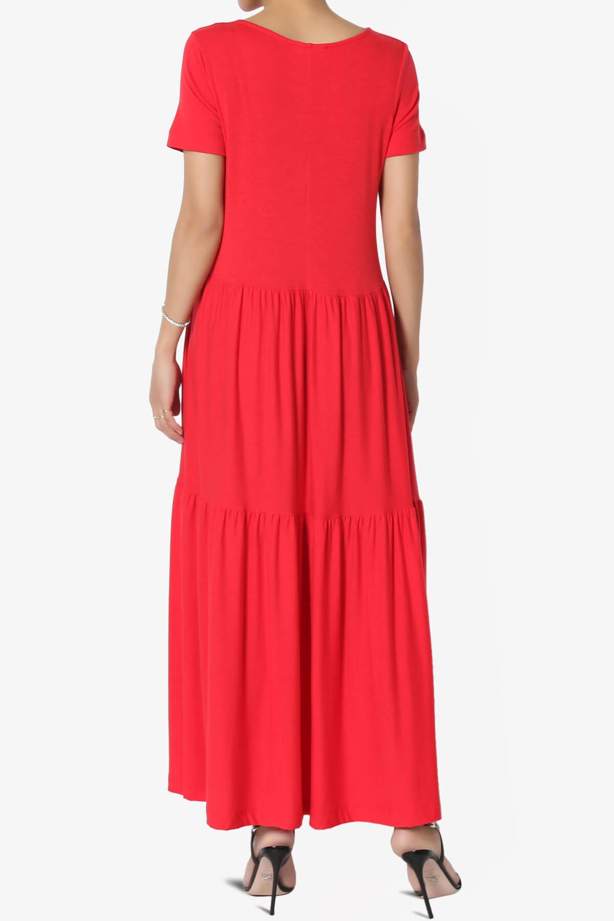 Macie Short Sleeve Tiered Jersey Long Midi Dress RED_2