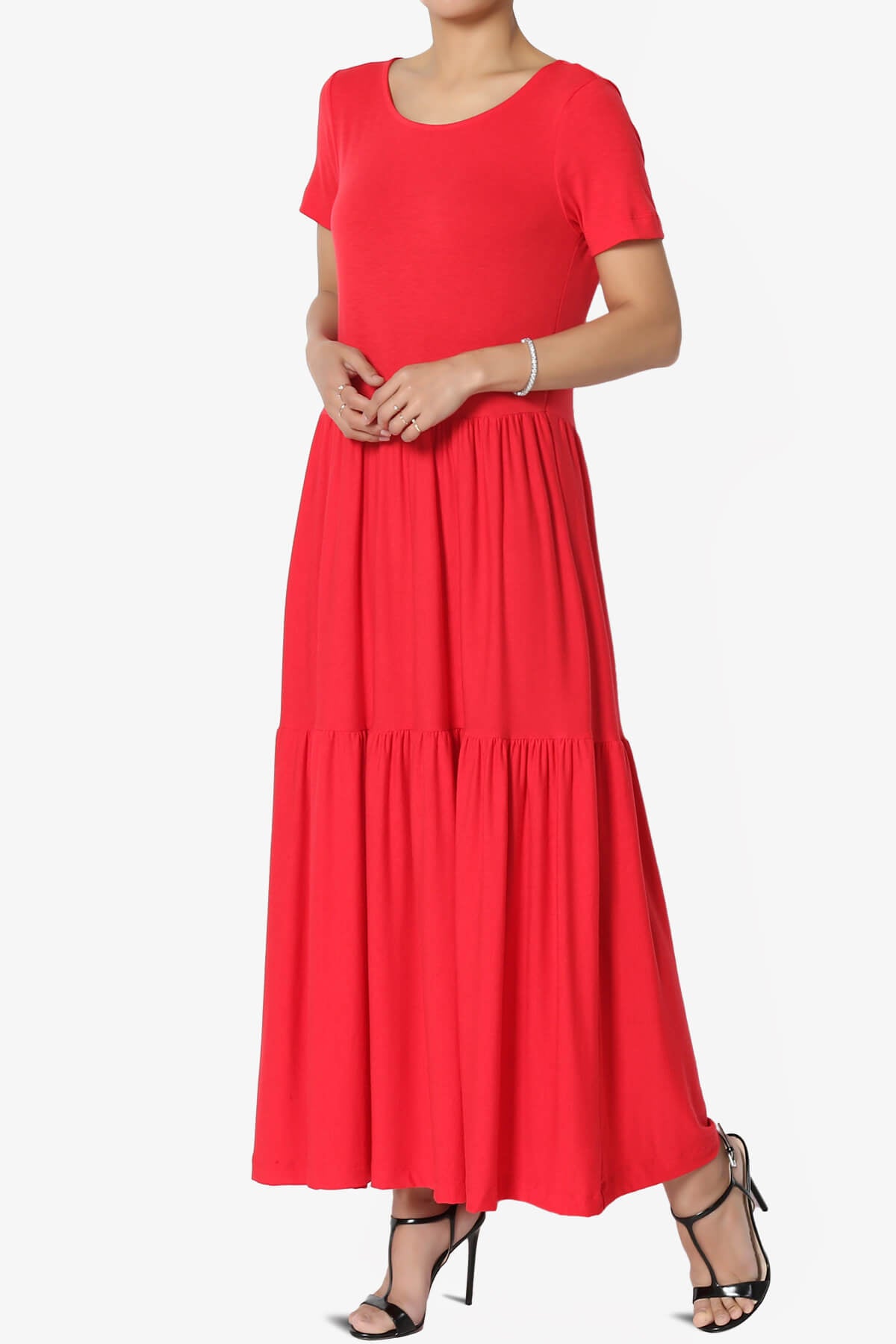 Macie Short Sleeve Tiered Jersey Long Midi Dress RED_3