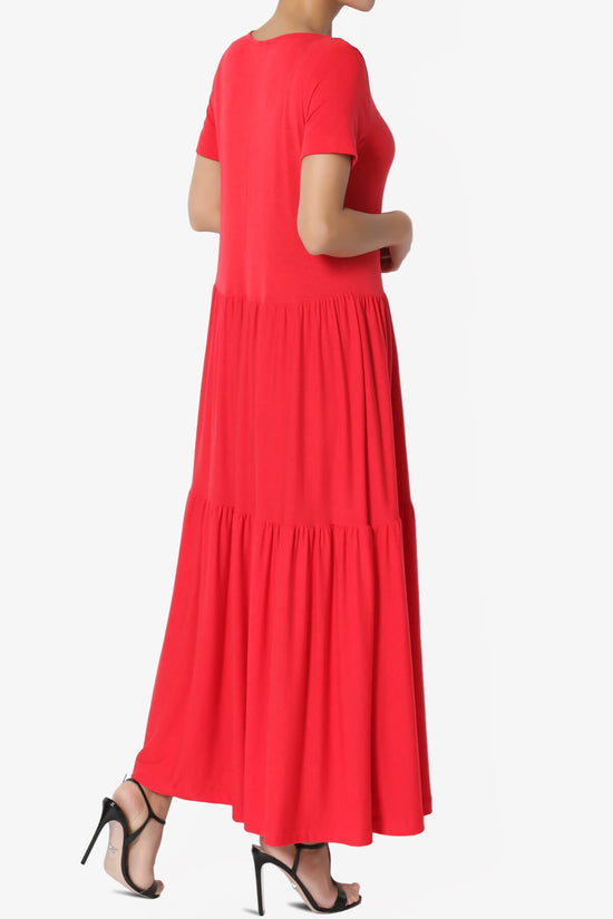 Macie Short Sleeve Tiered Jersey Long Midi Dress RED_4