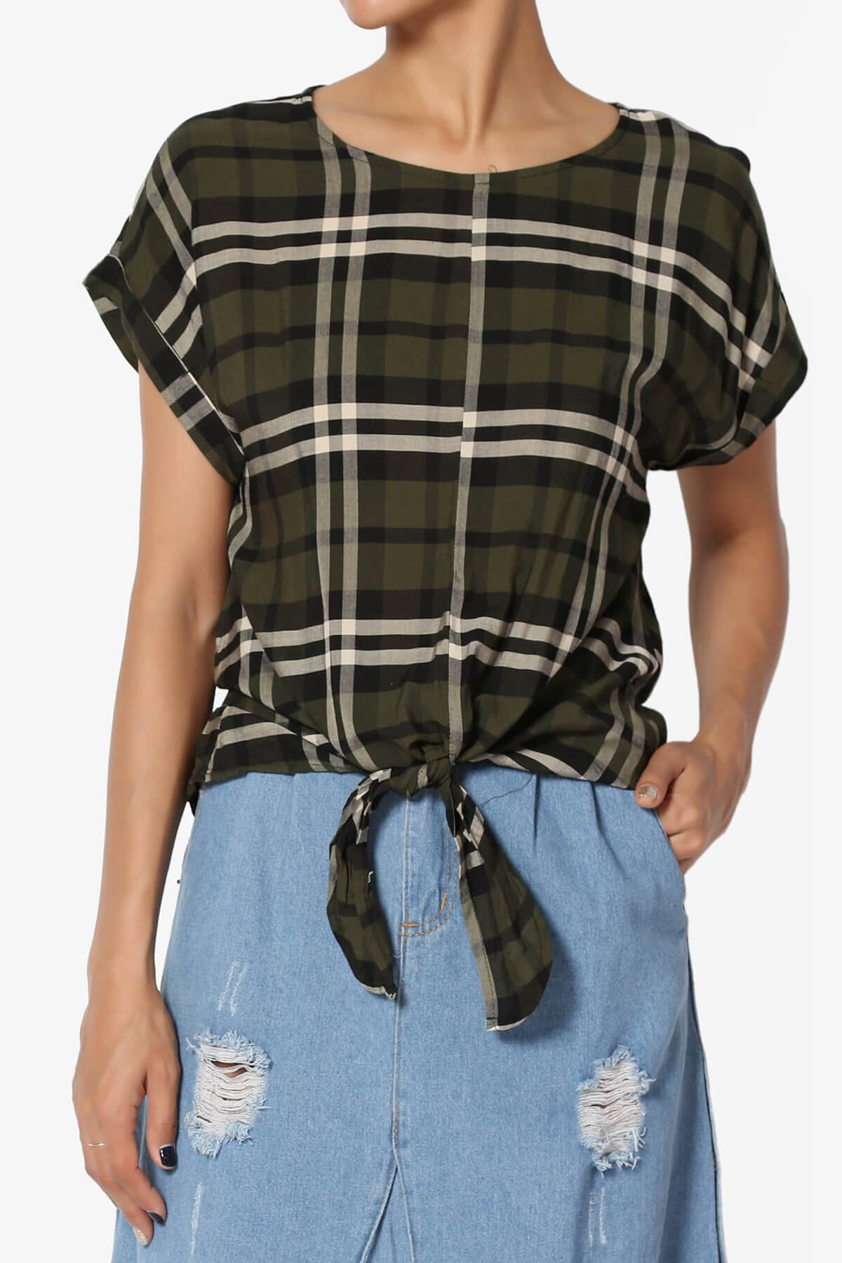 Load image into Gallery viewer, Callie Plaid Button Back Tie Front Top OLIVE_1
