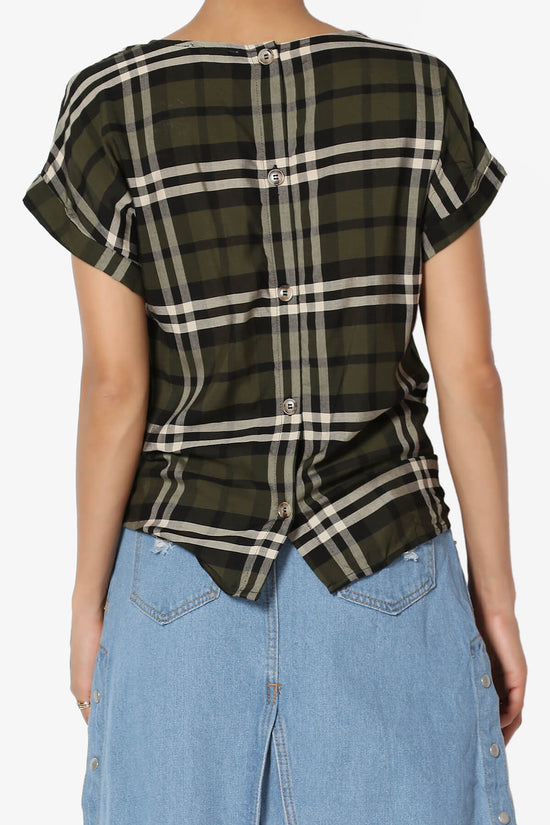 Callie Plaid Button Back Tie Front Top OLIVE_2