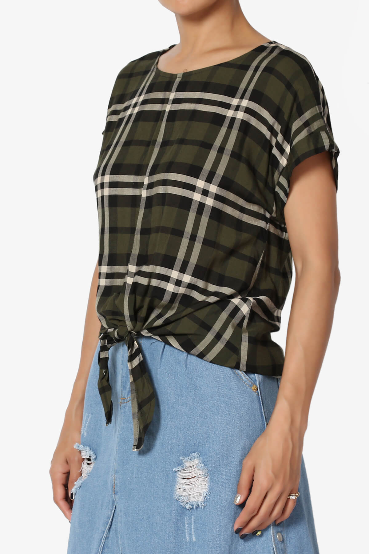 Load image into Gallery viewer, Callie Plaid Button Back Tie Front Top OLIVE_3
