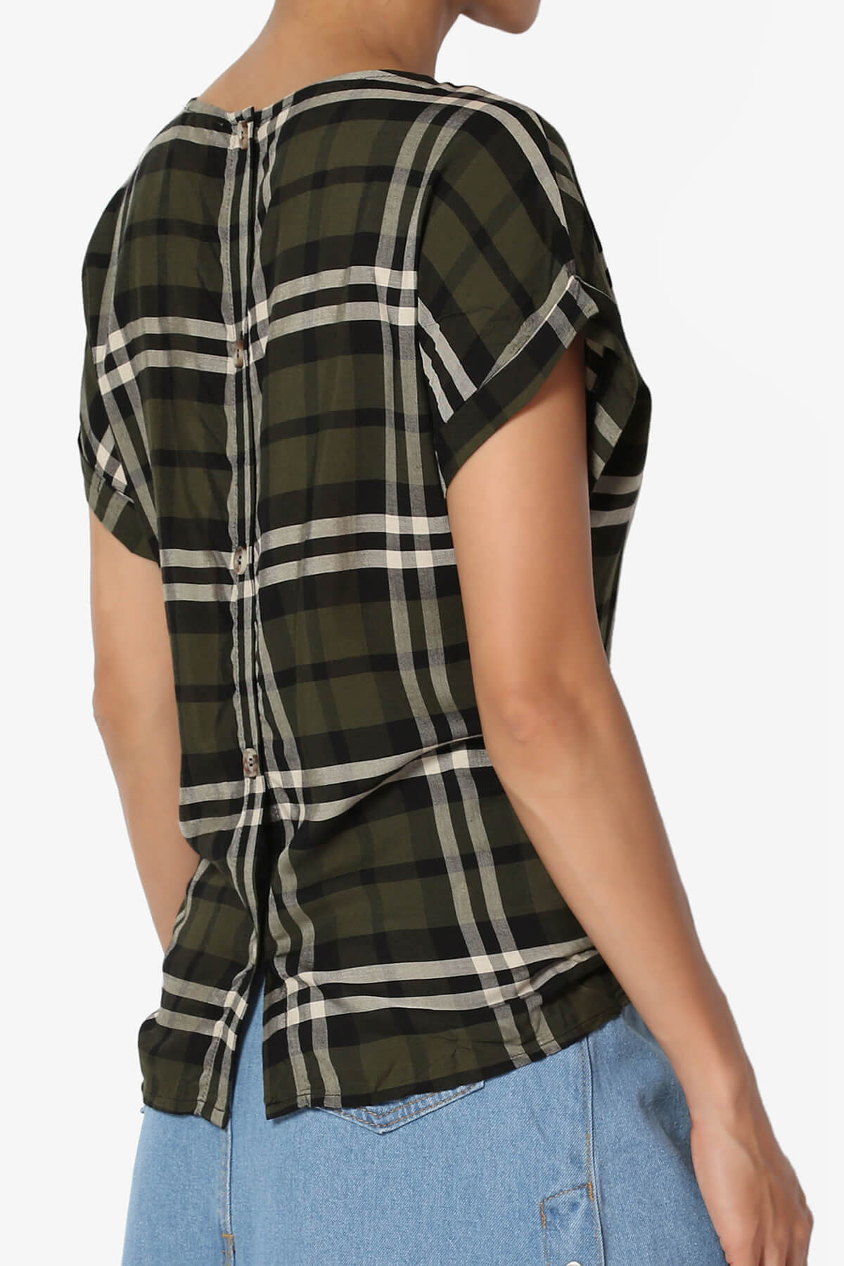 Callie Plaid Button Back Tie Front Top OLIVE_4