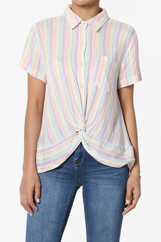 Rainbow Stripe Button Front Blouse WHITE_1