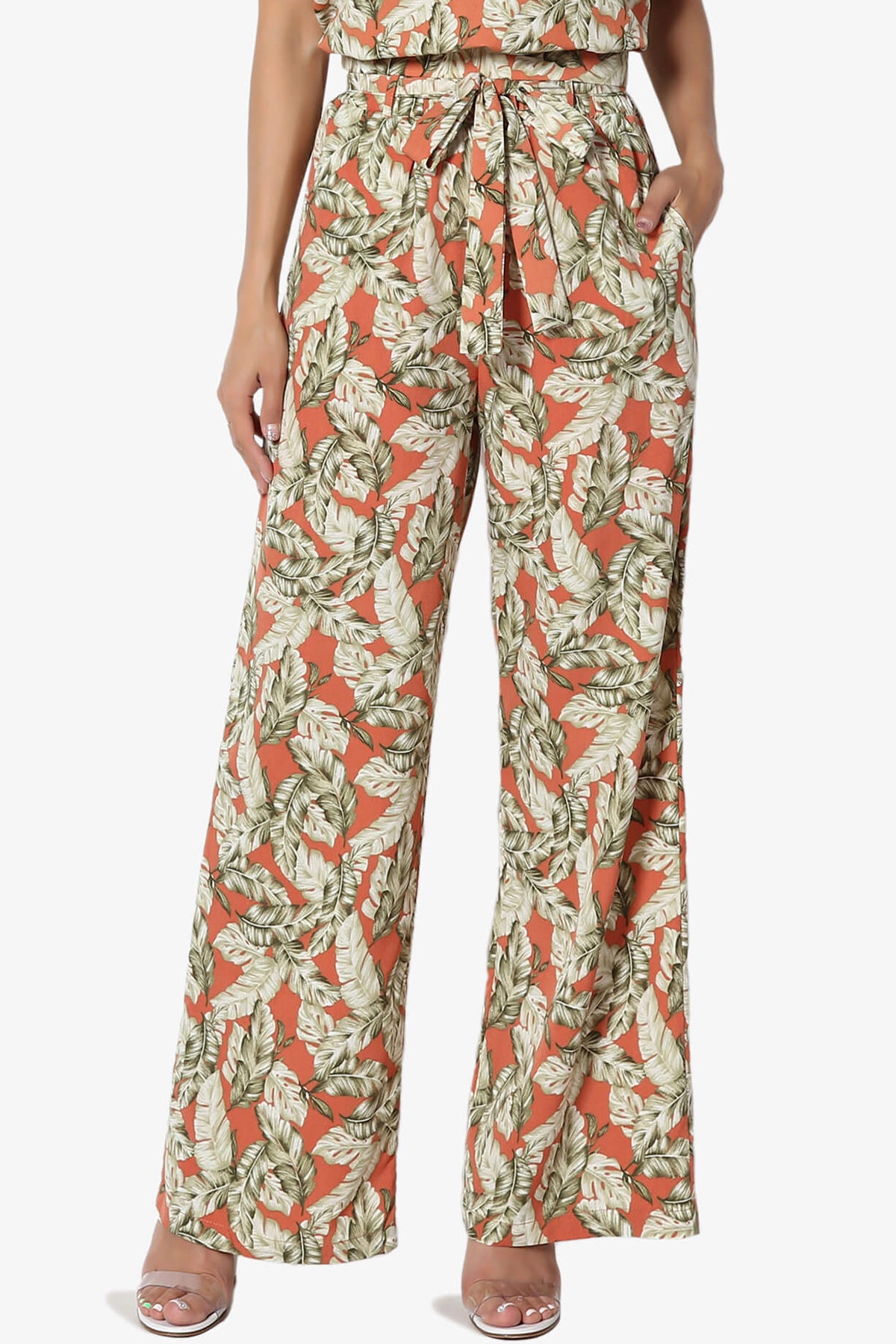 Load image into Gallery viewer, Demetra Leaf Print Bow Belted Pants RUST_1
