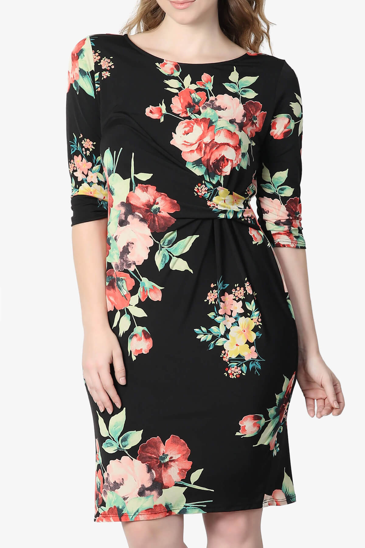 Load image into Gallery viewer, Amethyst Floral Print Stretch Sheath Dress BLACK_1
