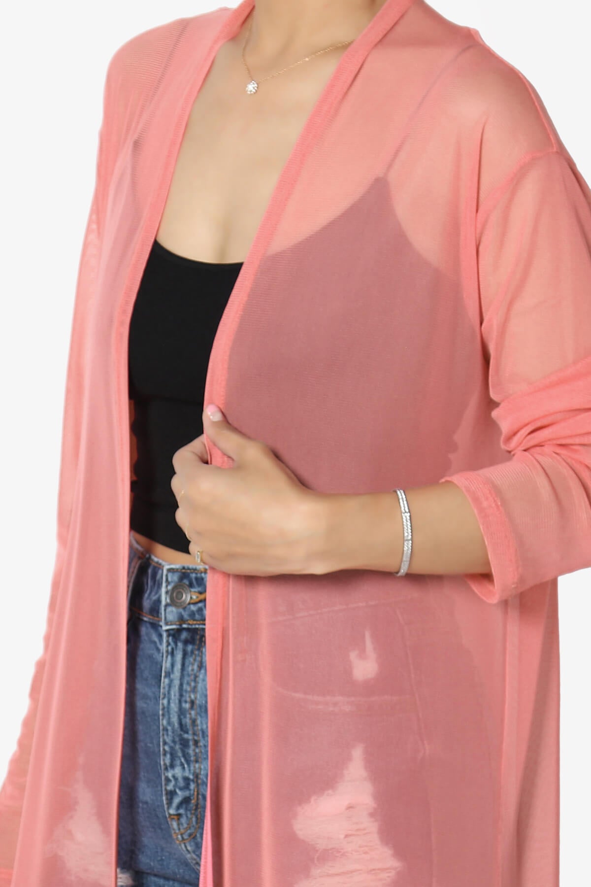 Moxxi Sheer Mesh Open Cardigan Duster CORAL_5