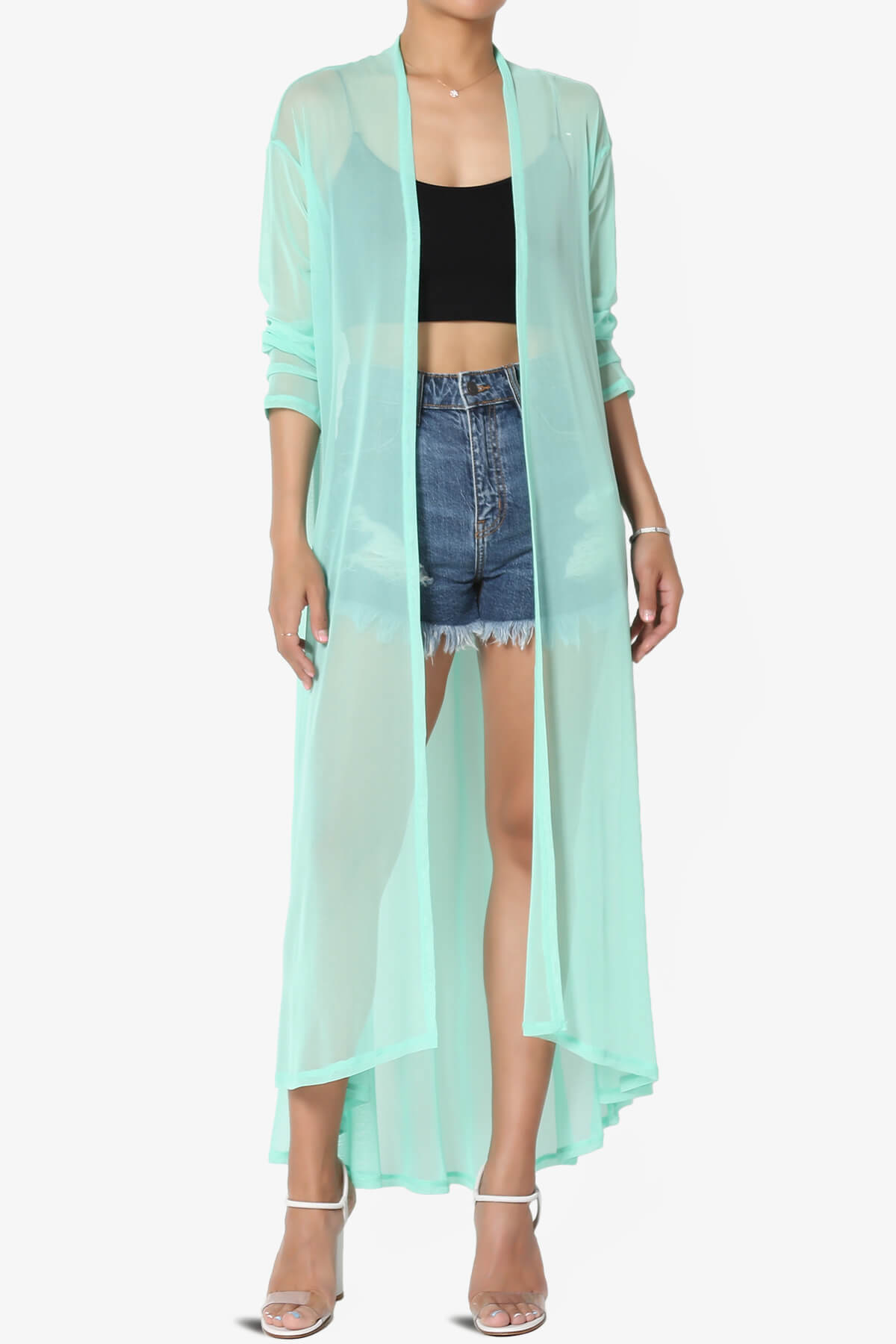 Load image into Gallery viewer, Moxxi Sheer Mesh Open Cardigan Duster GREEN MINT_1
