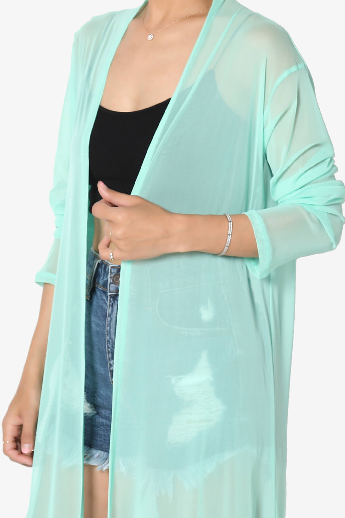 Load image into Gallery viewer, Moxxi Sheer Mesh Open Cardigan Duster GREEN MINT_5
