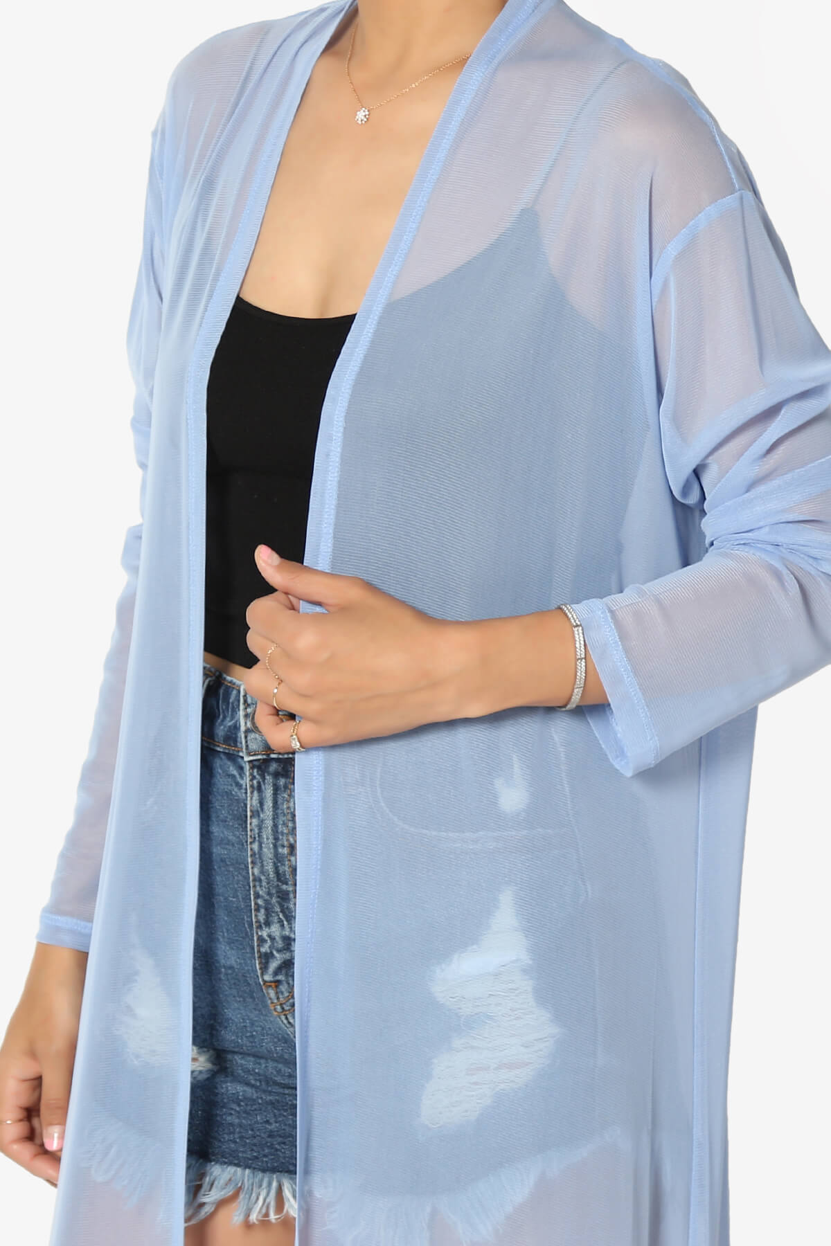 Load image into Gallery viewer, Moxxi Sheer Mesh Open Cardigan Duster LIGHT BLUE_5
