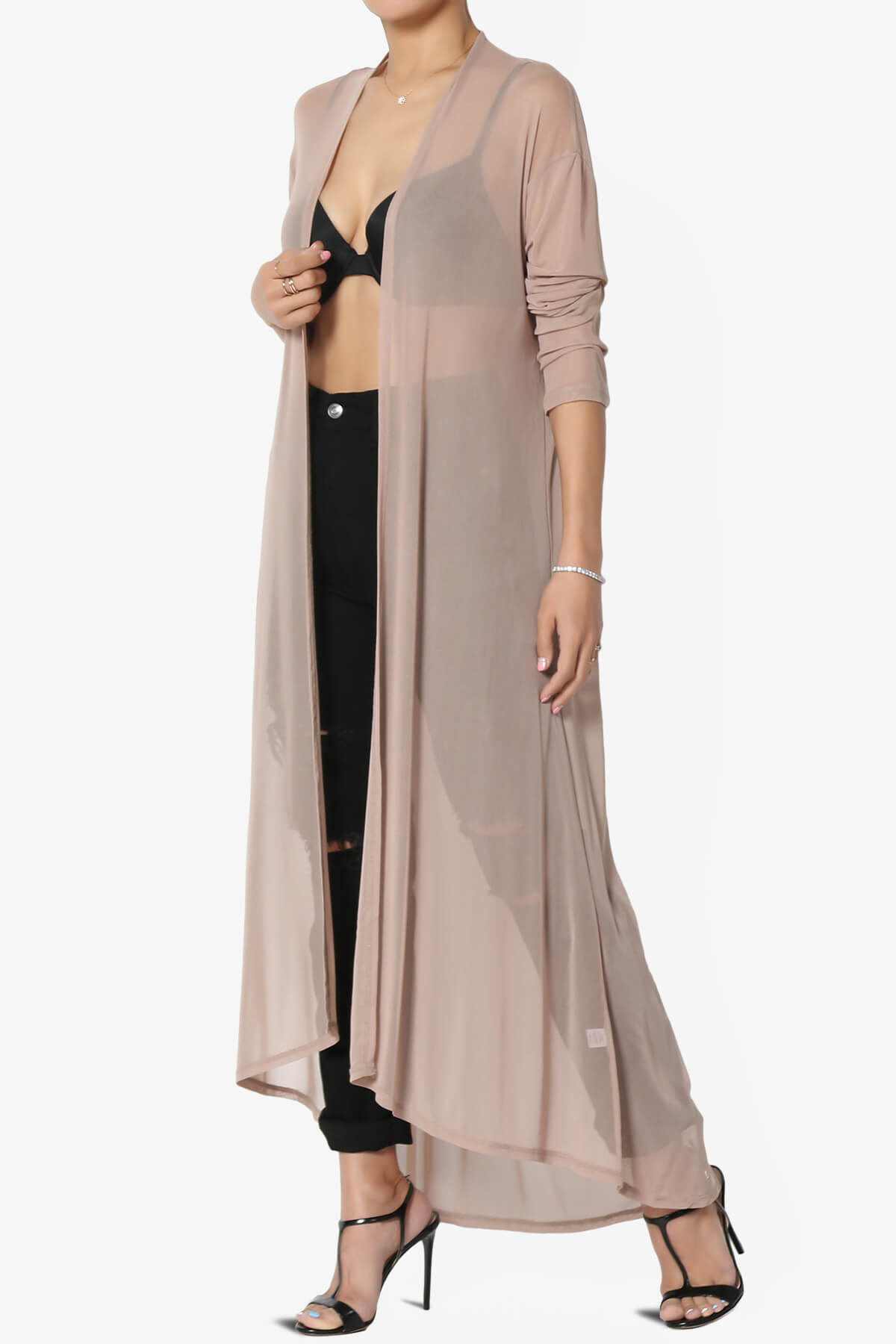 Load image into Gallery viewer, Moxxi Sheer Mesh Open Cardigan Duster LIGHT MOCHA_3
